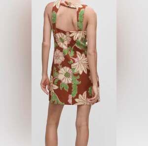 MNG Mango Noemi Linen Open Back Sleeveless Floral Tropical Mini Dress Size 4